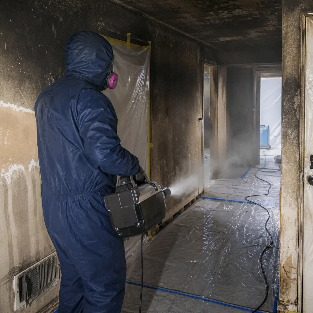 Technician using fogging machine for fire damage odor removal and restoration.