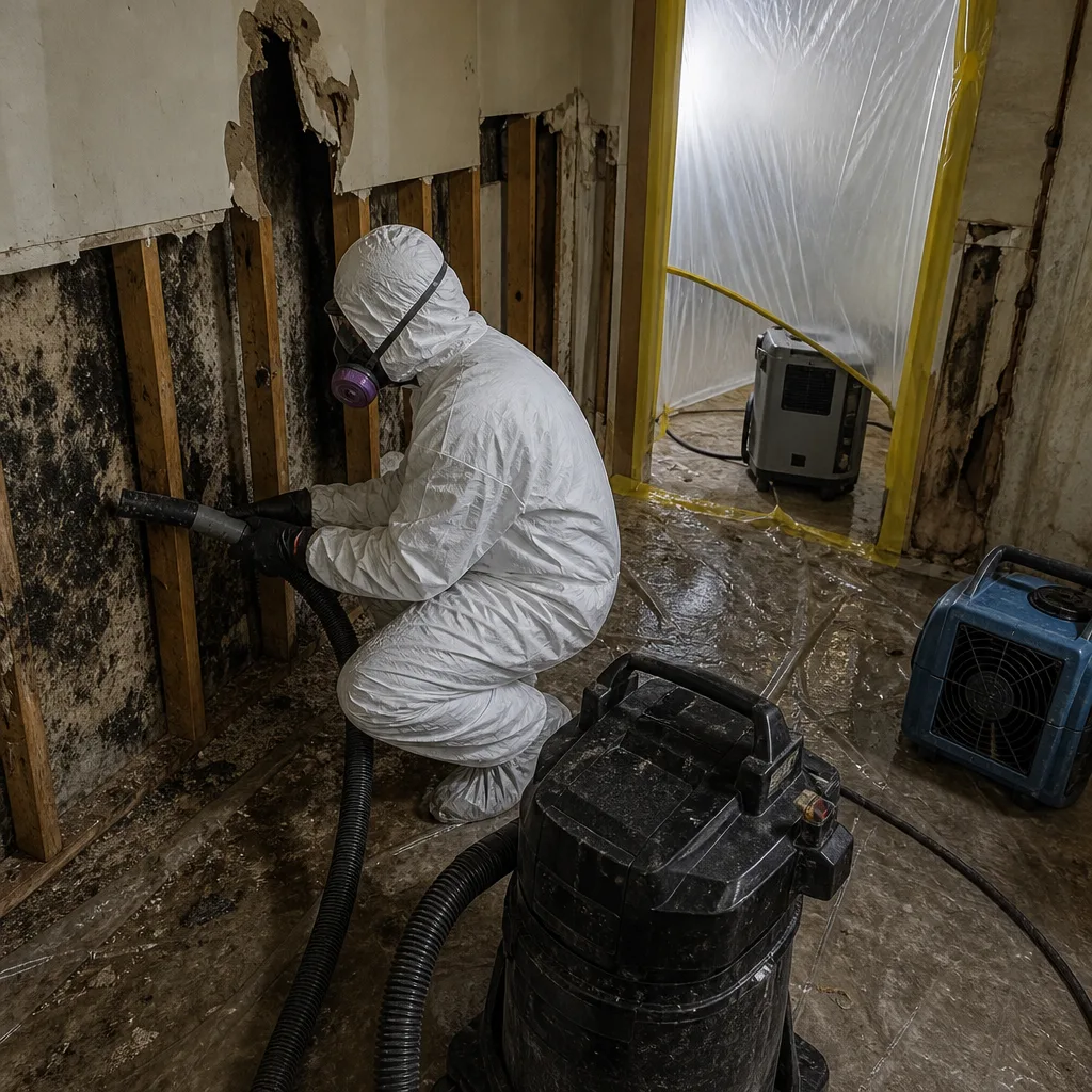 Professional mold remediation specialist cleaning black mold during water damage restoration.
