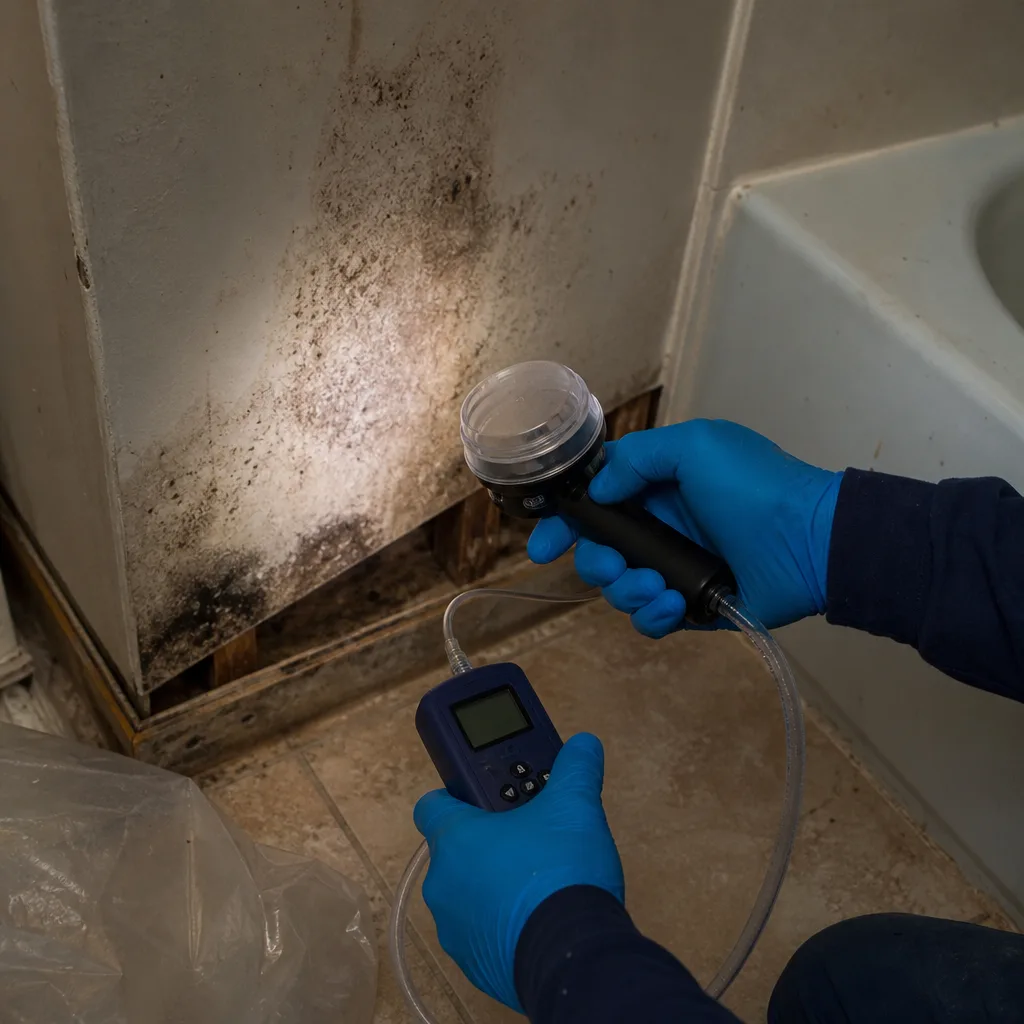 Technician using air quality testing equipment for residential mold remediation assessment.