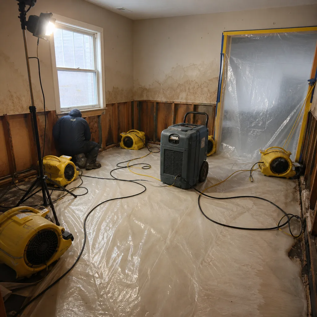 Water damage restoration professional using industrial drying equipment in a residential room