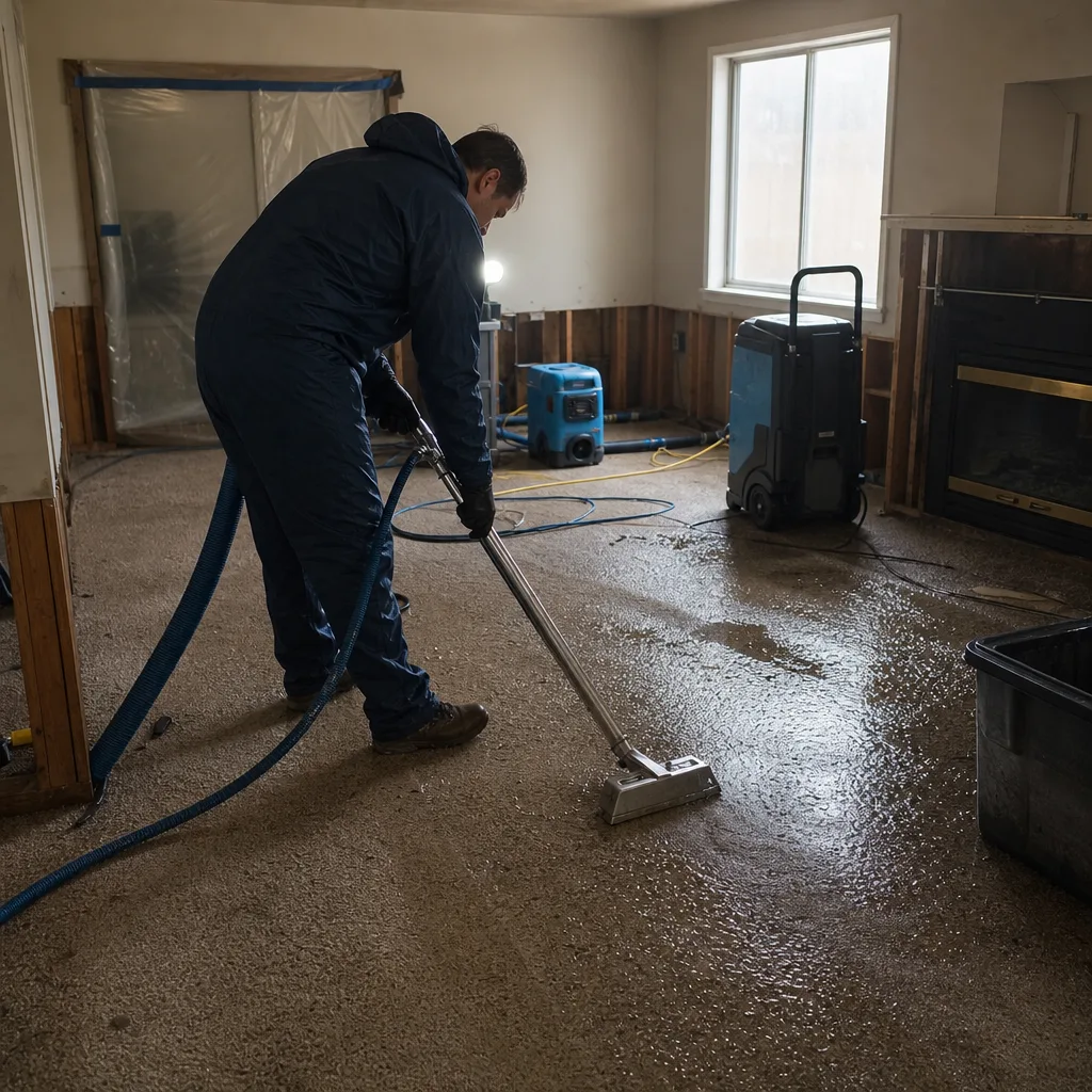 Technician using industrial carpet extractor for residential water damage restoration