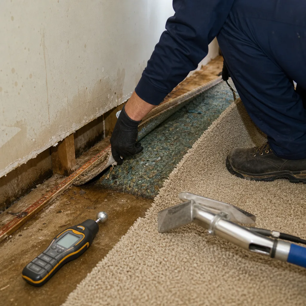 Water damage restoration technician inspecting damaged subfloor and carpet padding